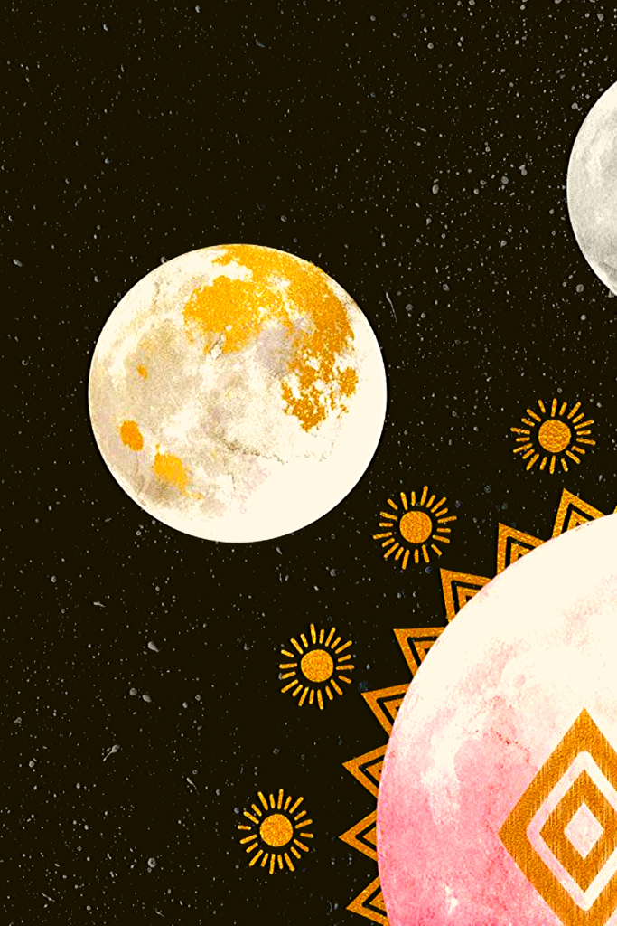 moon illustration with pink, vivid gold, and cream tones